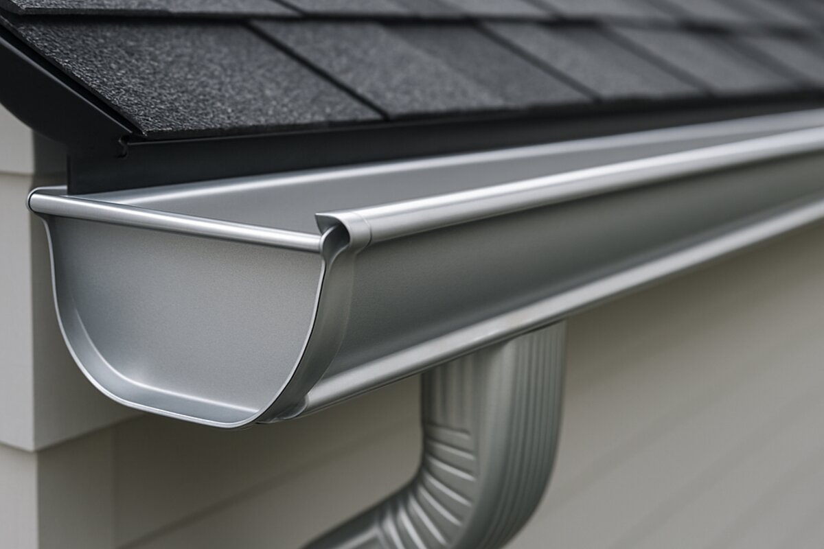 Professional gutter installation and maintenance services showing quality aluminum gutters and downspouts
