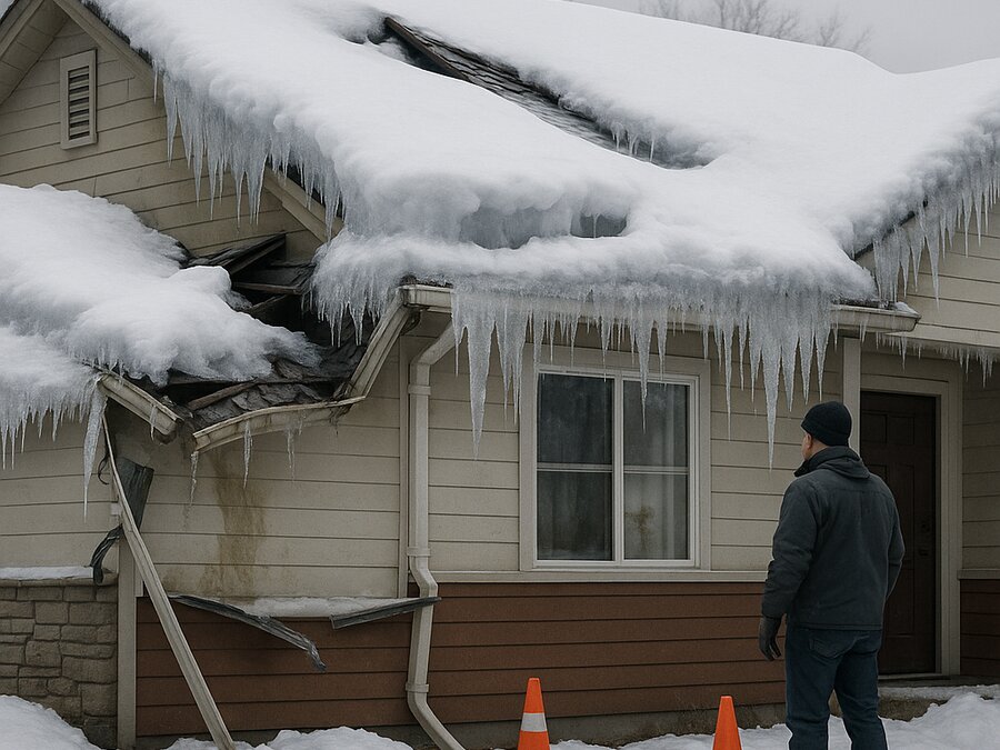 Severe ice dam formation and snow damage requiring insurance claim assessment in Denver