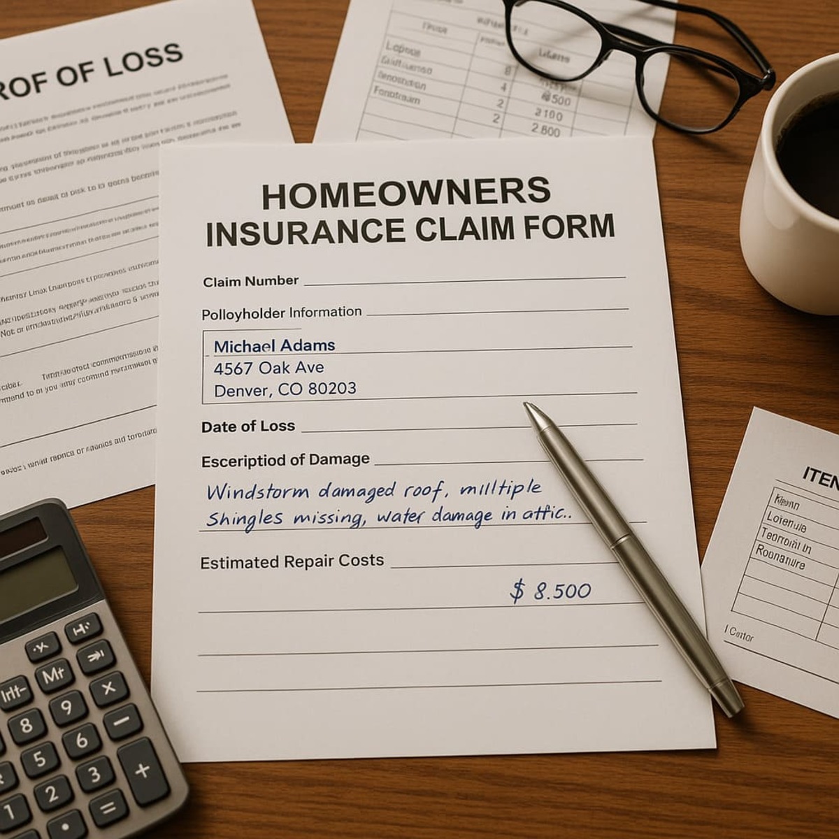 Homeowners insurance claim form and documentation for roof damage assessment